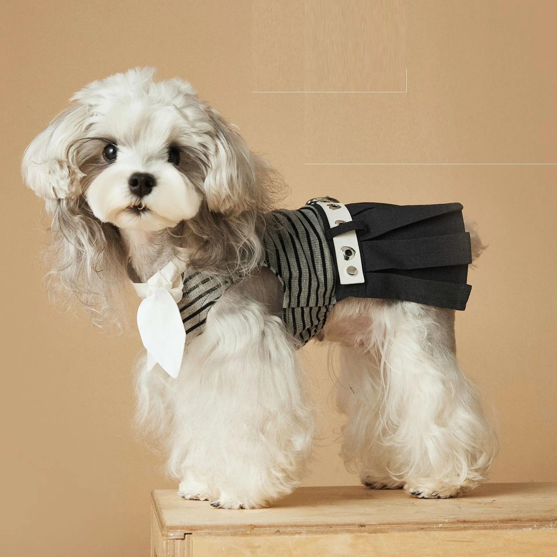 Striped polyester dog dress in skirt colour for female dogs, available in multiple sizes from XS to XXL