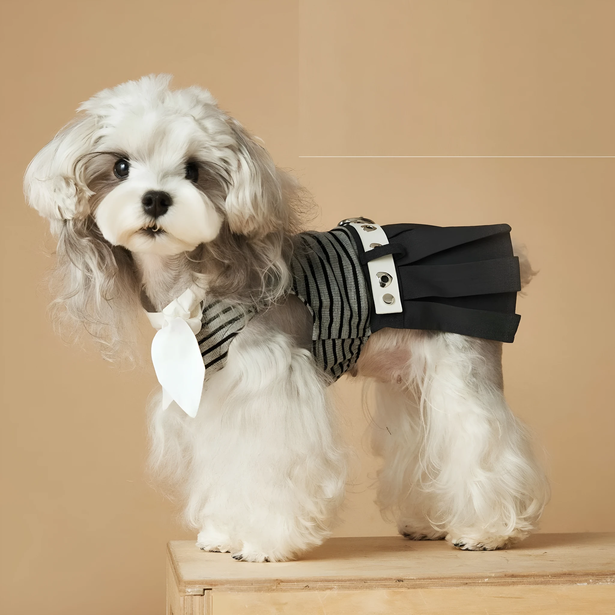 Striped polyester dog dress in skirt colour for female dogs, available in multiple sizes from XS to XXL