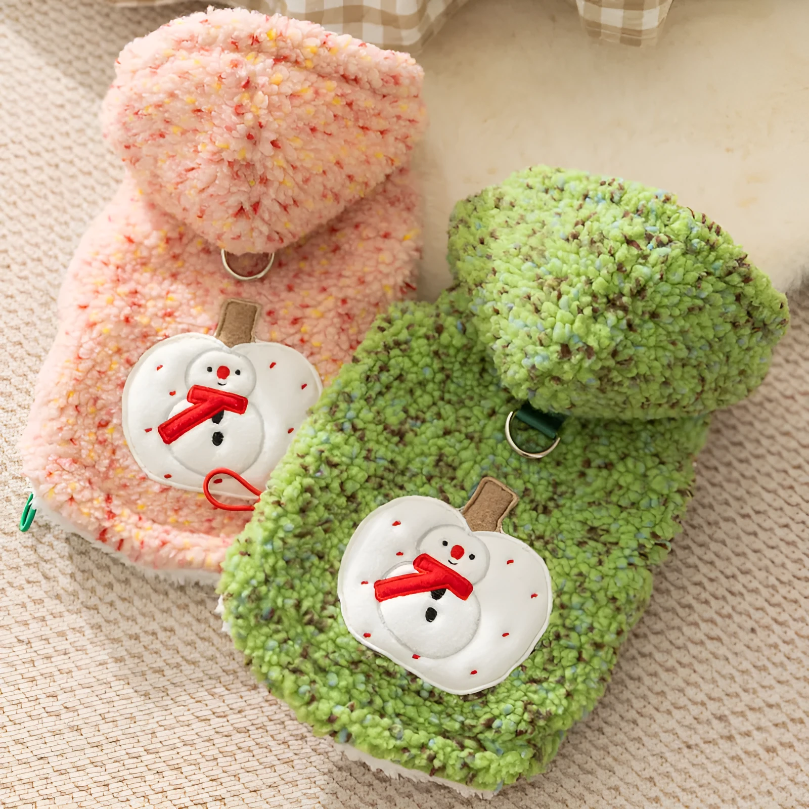 Christmas sherpa dog hoodie with colourful dots snowman embroidery pink green sizes XS-XXL