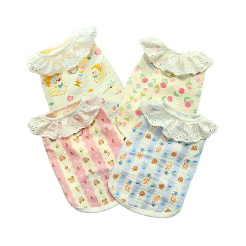 All-cotton breathable pet vest for dogs and cats, blue stripe bear head pattern, size 2XL, shown on a small dog