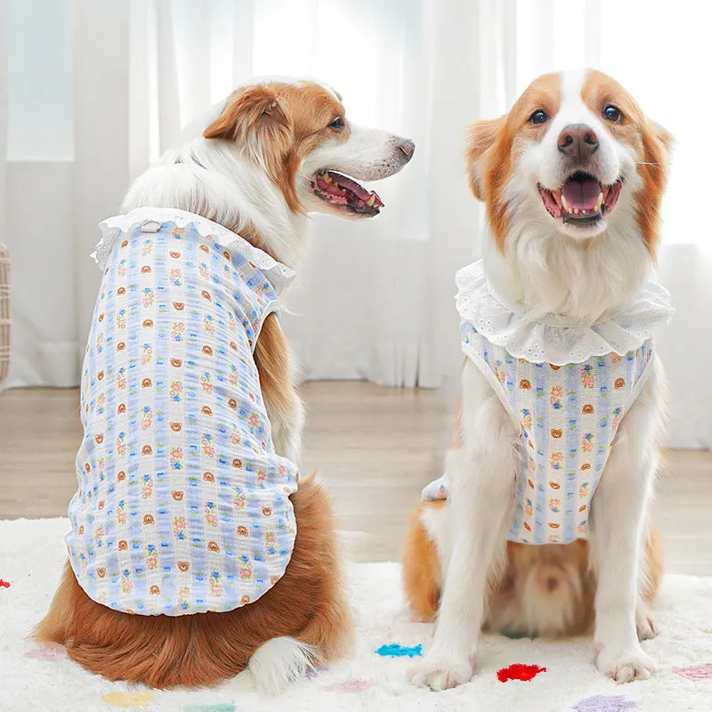 All-cotton breathable pet vest for dogs and cats, blue stripe bear head pattern, size 2XL, shown on a small dog