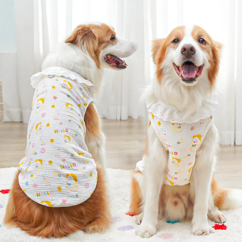 All-cotton breathable pet vest for dogs and cats, blue stripe bear head pattern, size 2XL, shown on a small dog