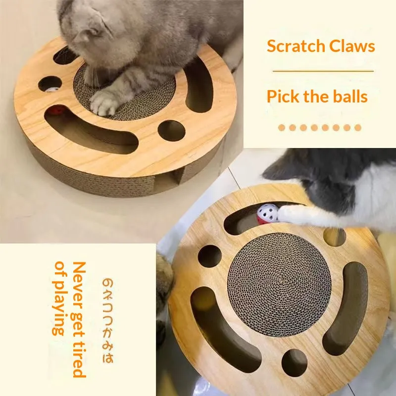 Grab And Play 2-in-1 cat scratch pad toy in round shape, made from paper, on floor