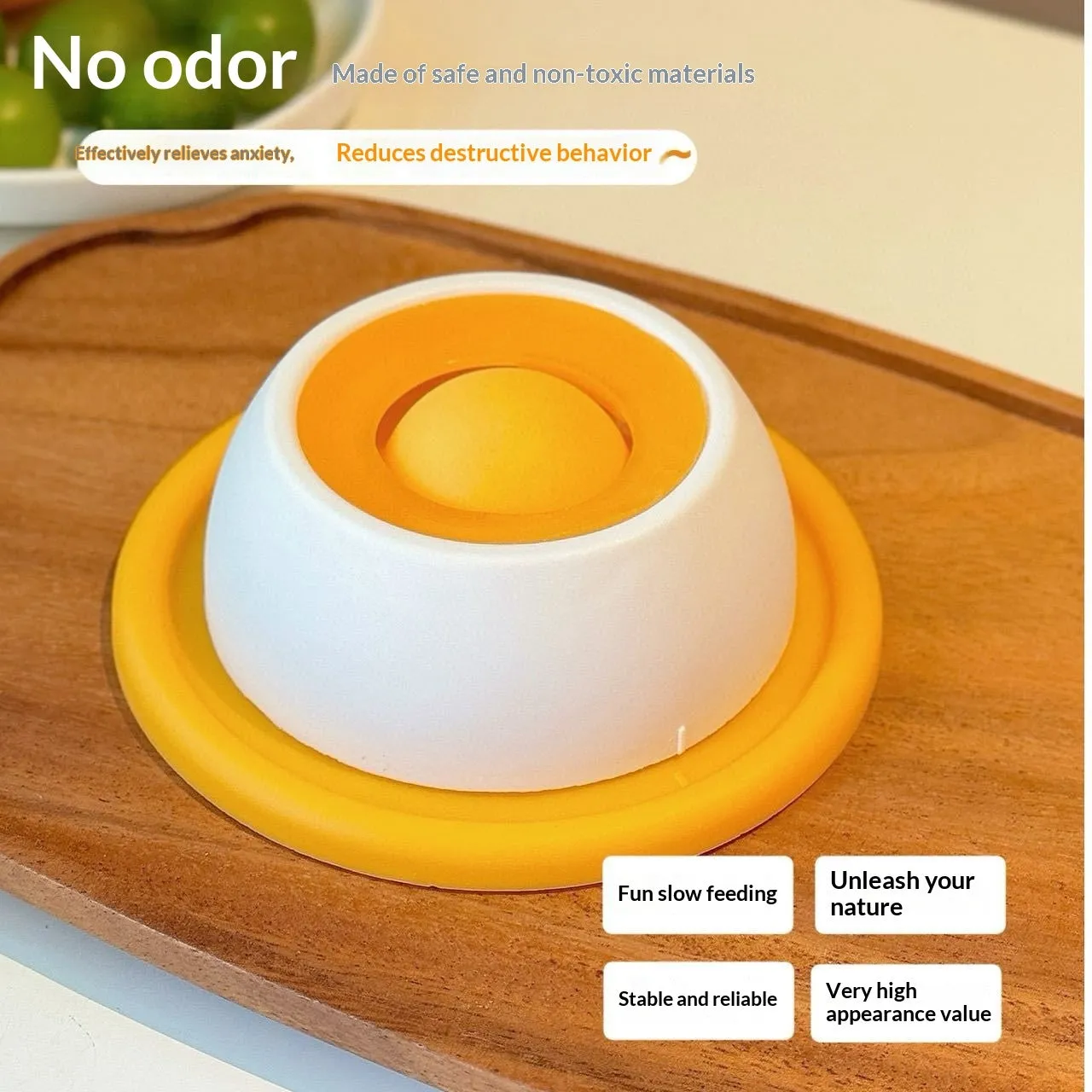 Yellow anti-spill slow feeder cat toy treat dispenser for cats on floor