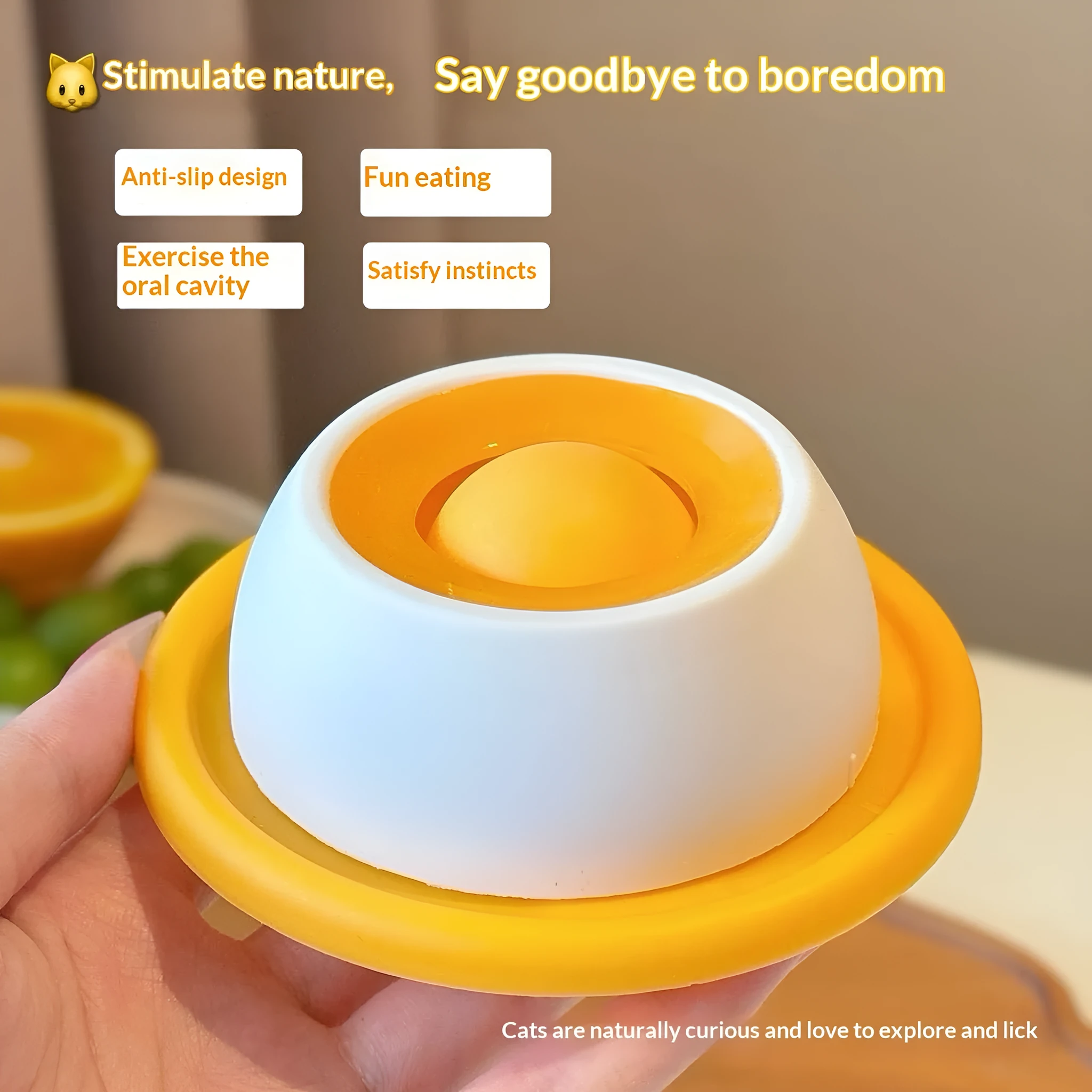 Yellow anti-spill slow feeder cat toy treat dispenser for cats on floor