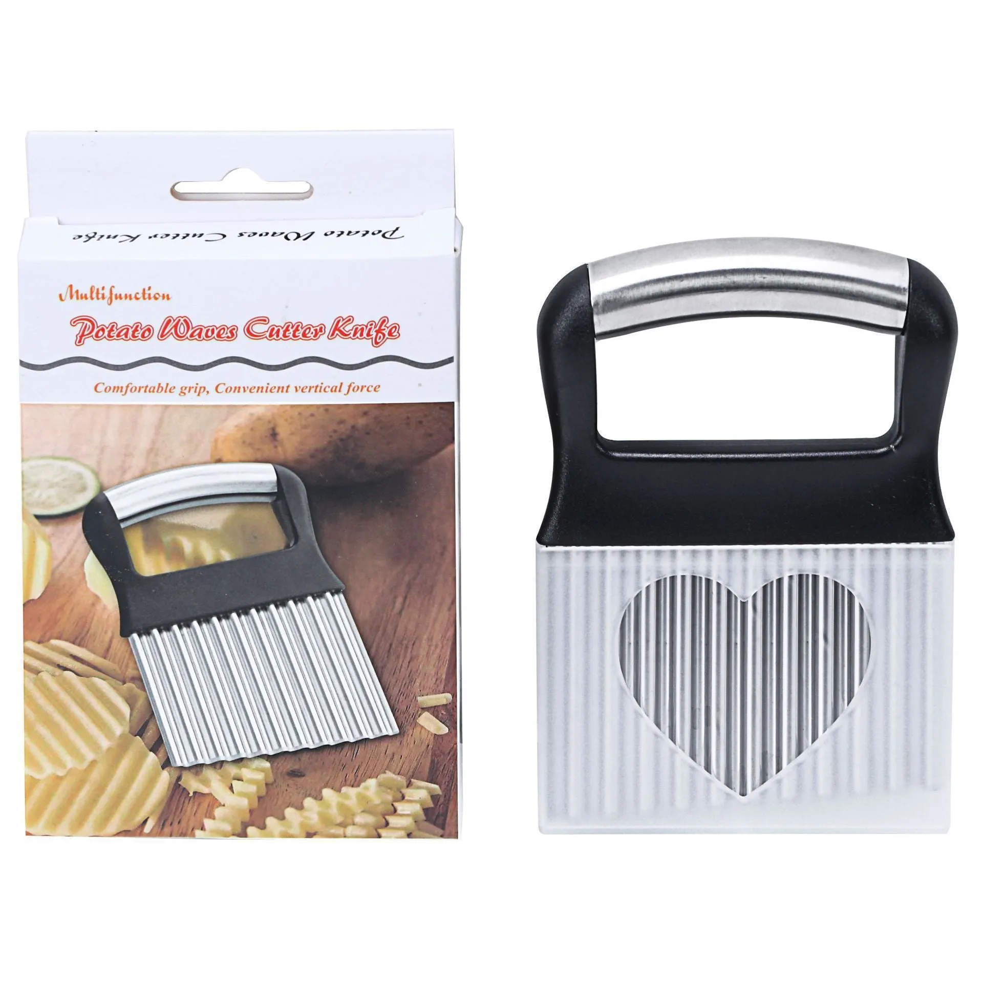 Stainless steel potato wave knife for making crinkle-cut chips on a kitchen worktop.