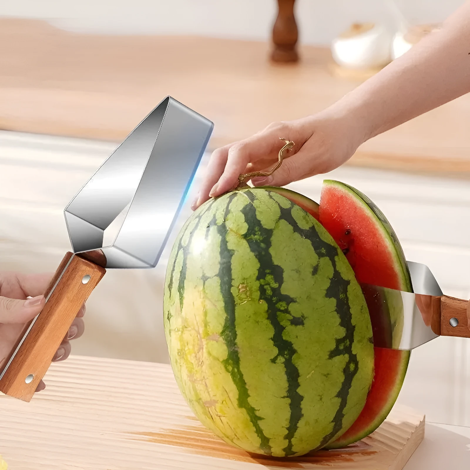 Stainless steel triangle fruit cutter knife with a removable protective cover for slicing melon and watermelon.