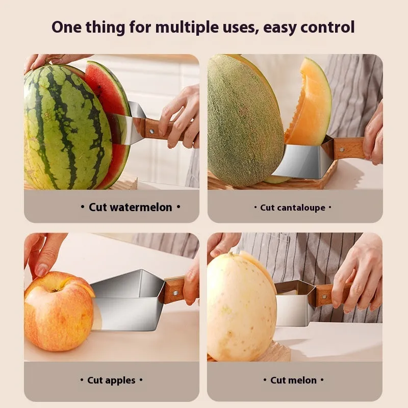Stainless steel triangle fruit cutter knife with a removable protective cover for slicing melon and watermelon.