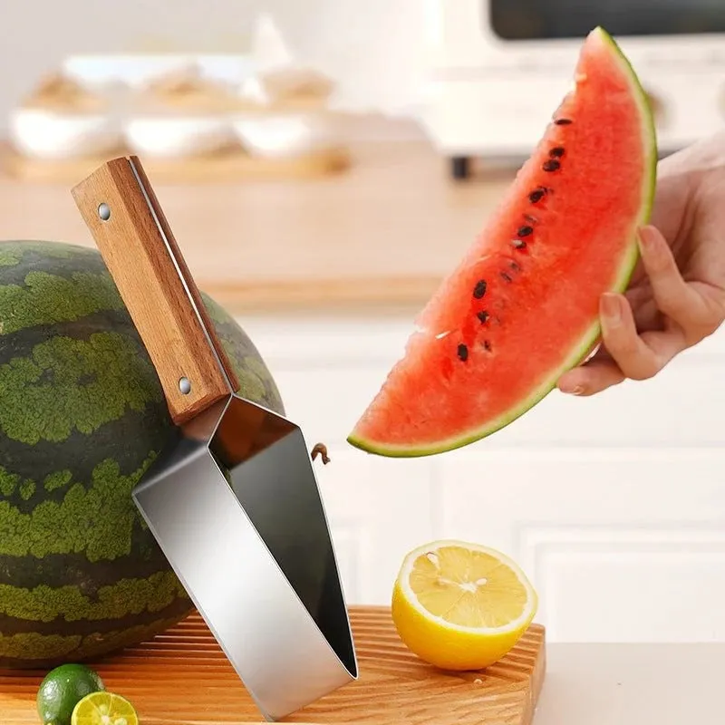 Stainless steel triangle fruit cutter knife with a removable protective cover for slicing melon and watermelon.