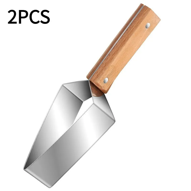 Stainless steel triangle fruit cutter knife with a removable protective cover for slicing melon and watermelon.