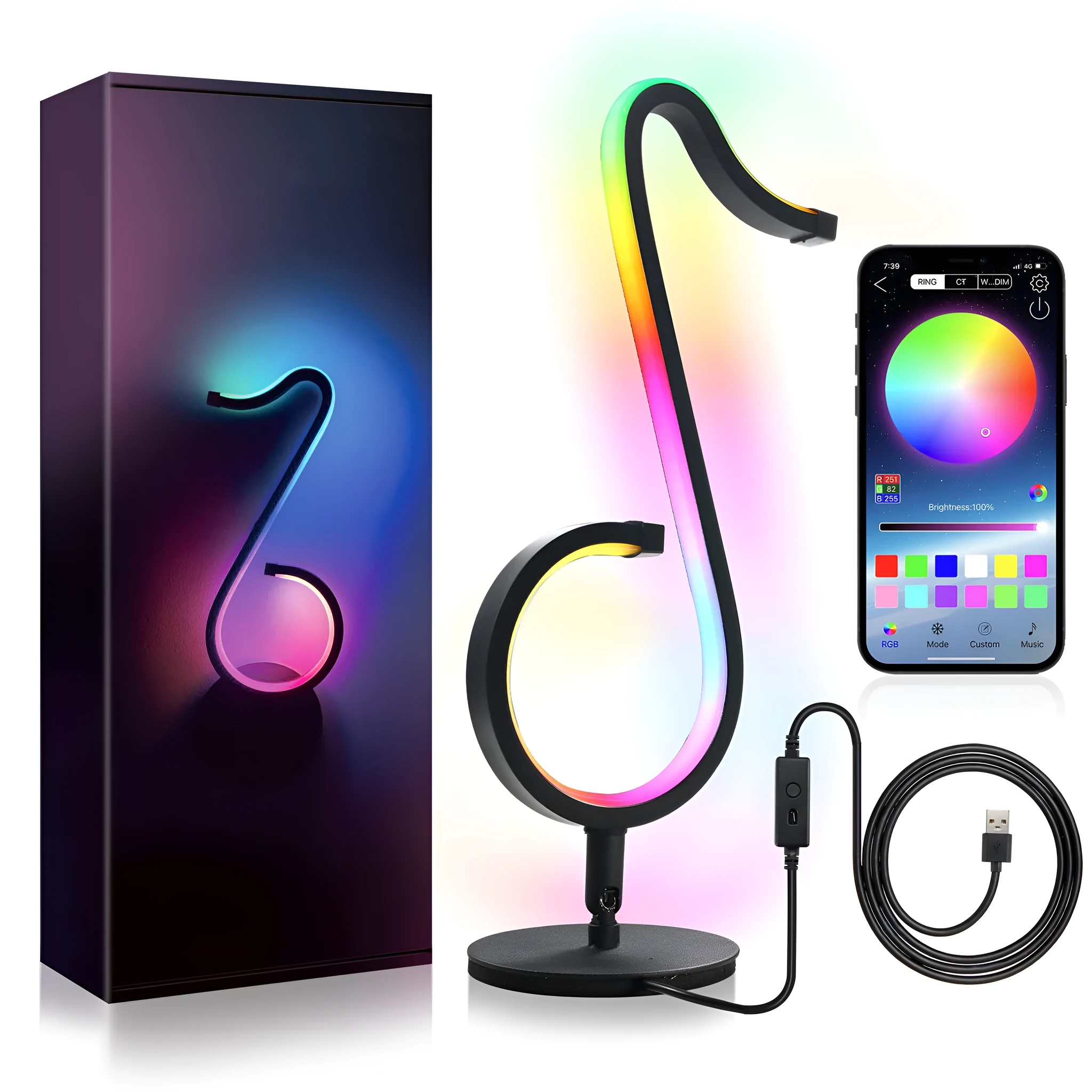 Black aluminium and iron APP-controlled LED atmosphere light with remote, showing 180-degree rotation on a desk.