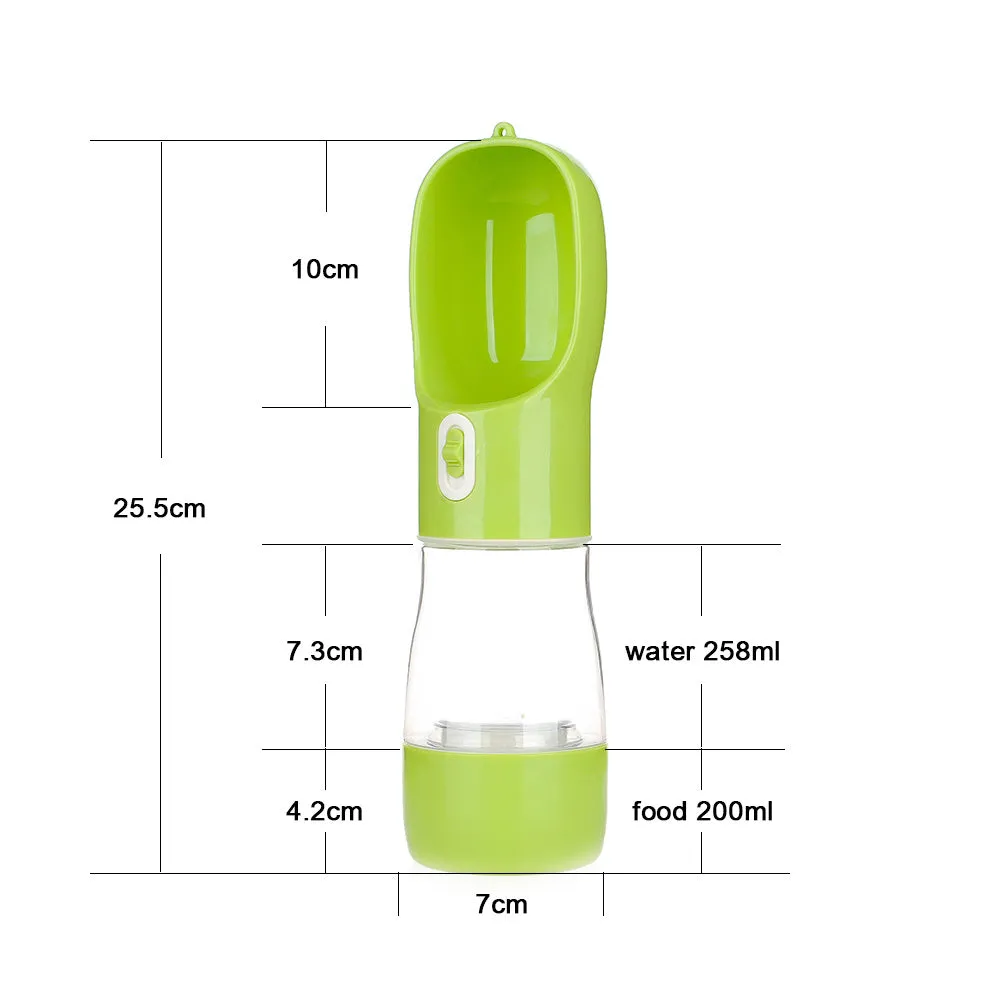 Blue portable dog water bottle with folding silicone bowl extended, showing carabiner clip.