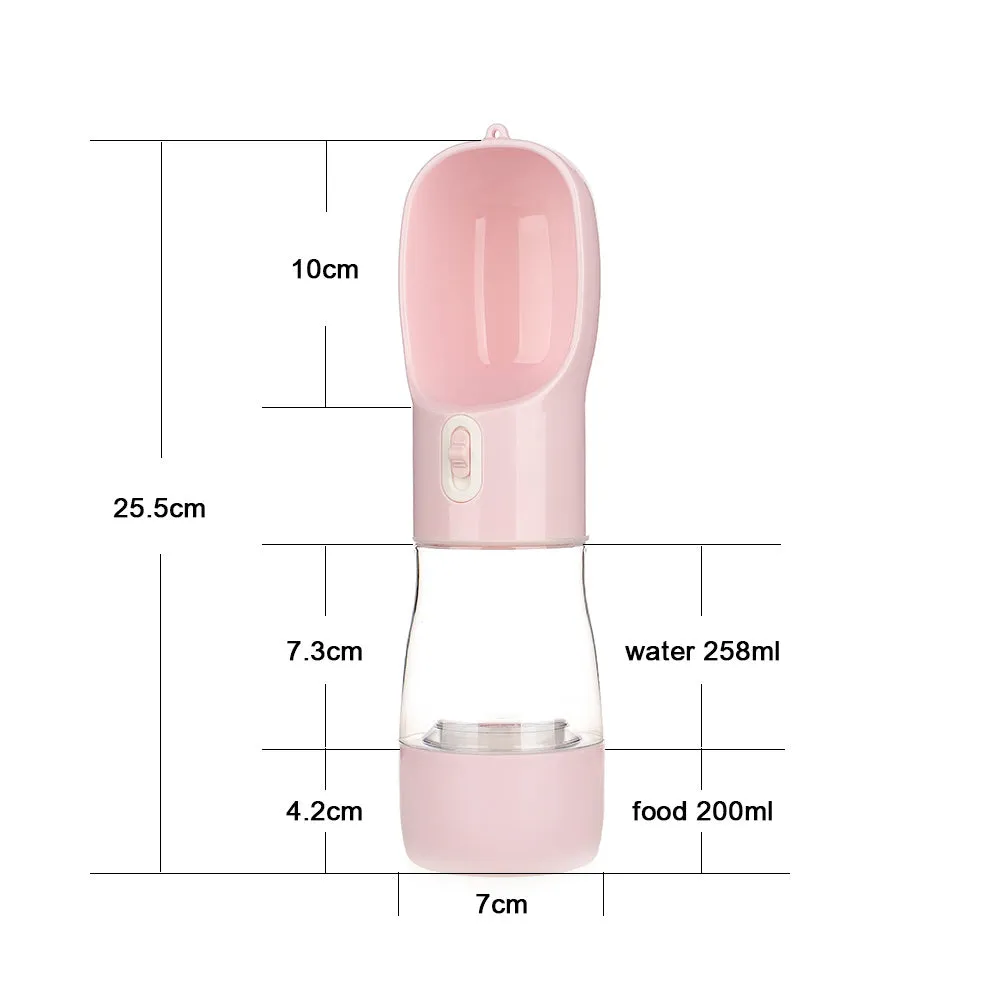 Blue portable dog water bottle with folding silicone bowl extended, showing carabiner clip.