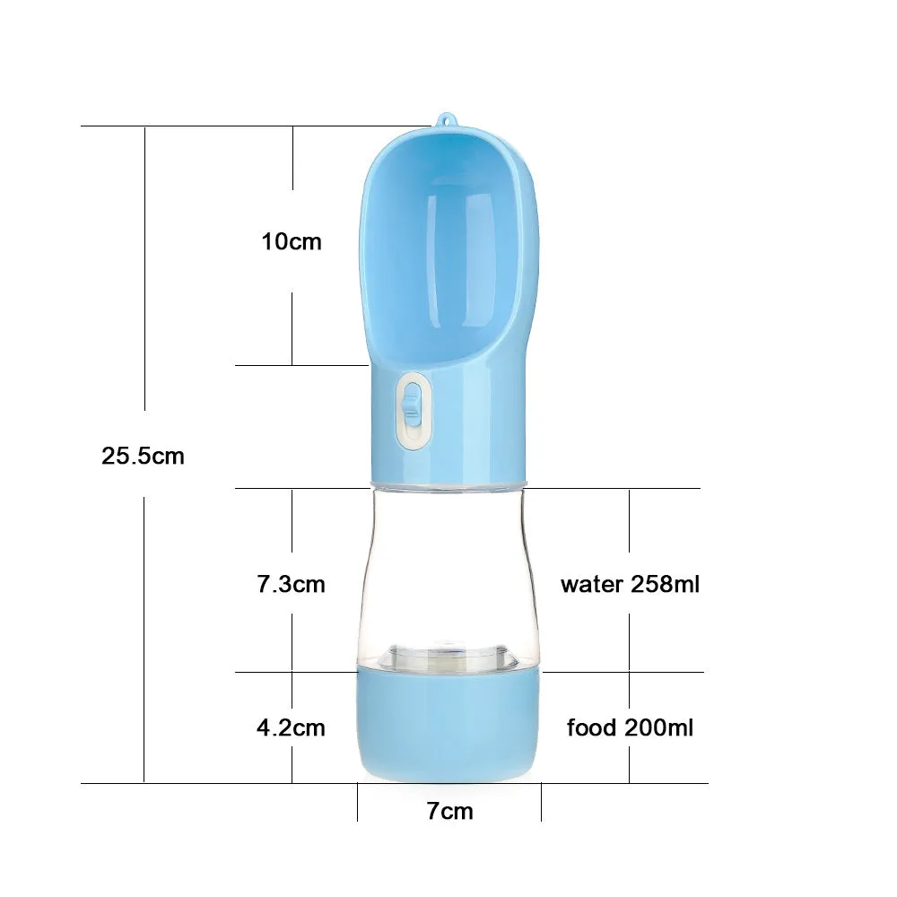 Blue portable dog water bottle with folding silicone bowl extended, showing carabiner clip.