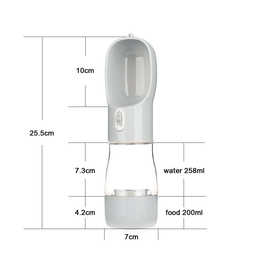 Blue portable dog water bottle with folding silicone bowl extended, showing carabiner clip.