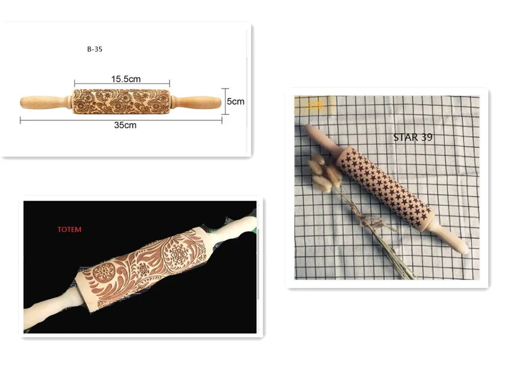 Wooden rolling pin with embossed Christmas patterns, 45cm long, on a kitchen worktop.