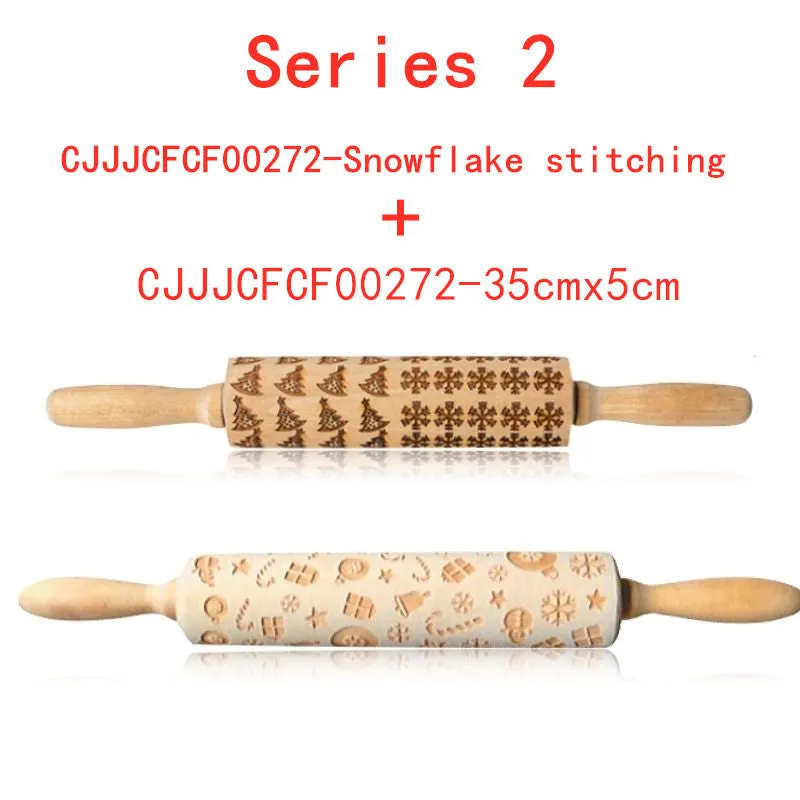 Wooden rolling pin with embossed Christmas patterns, 45cm long, on a kitchen worktop.