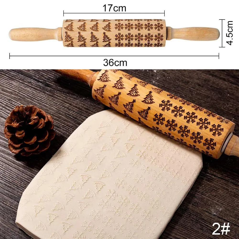 Wooden rolling pin with embossed Christmas patterns, 45cm long, on a kitchen worktop.