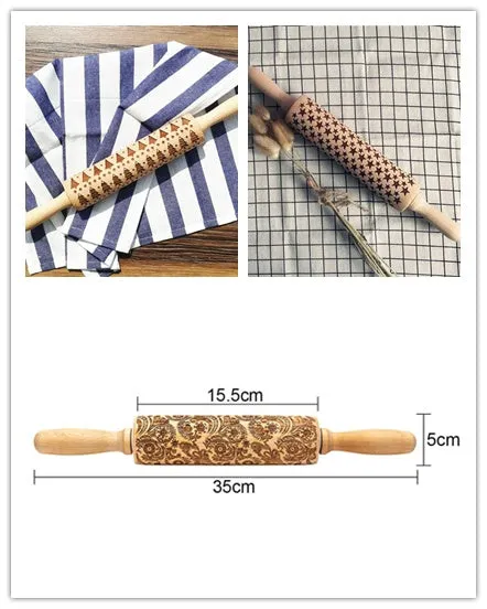 Wooden rolling pin with embossed Christmas patterns, 45cm long, on a kitchen worktop.