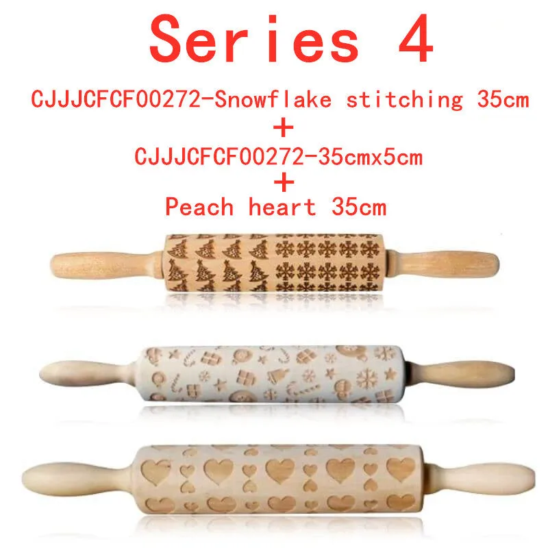 Wooden rolling pin with embossed Christmas patterns, 45cm long, on a kitchen worktop.