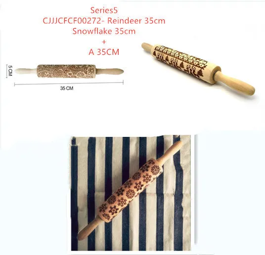 Wooden rolling pin with embossed Christmas patterns, 45cm long, on a kitchen worktop.