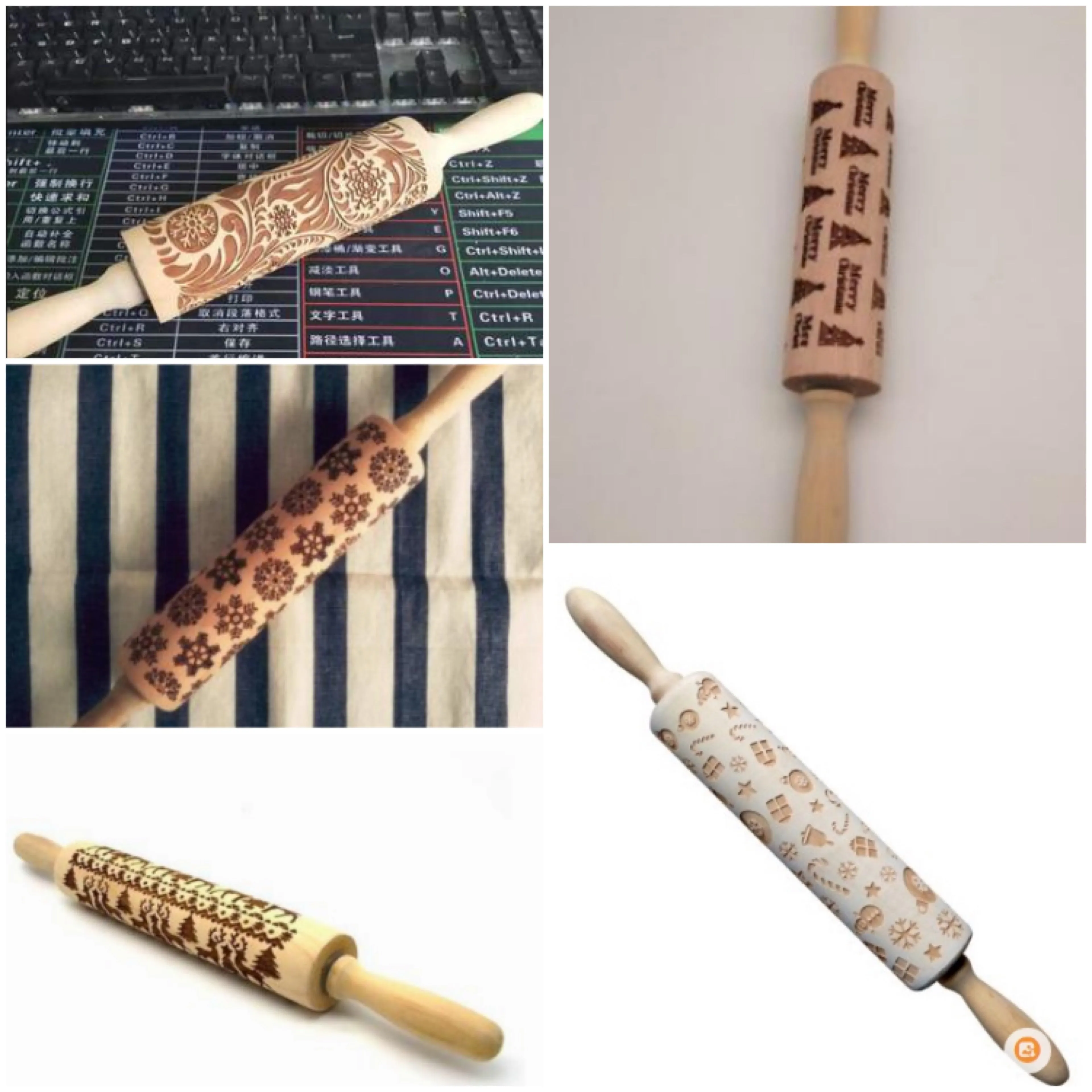Wooden rolling pin with embossed Christmas patterns, 45cm long, on a kitchen worktop.