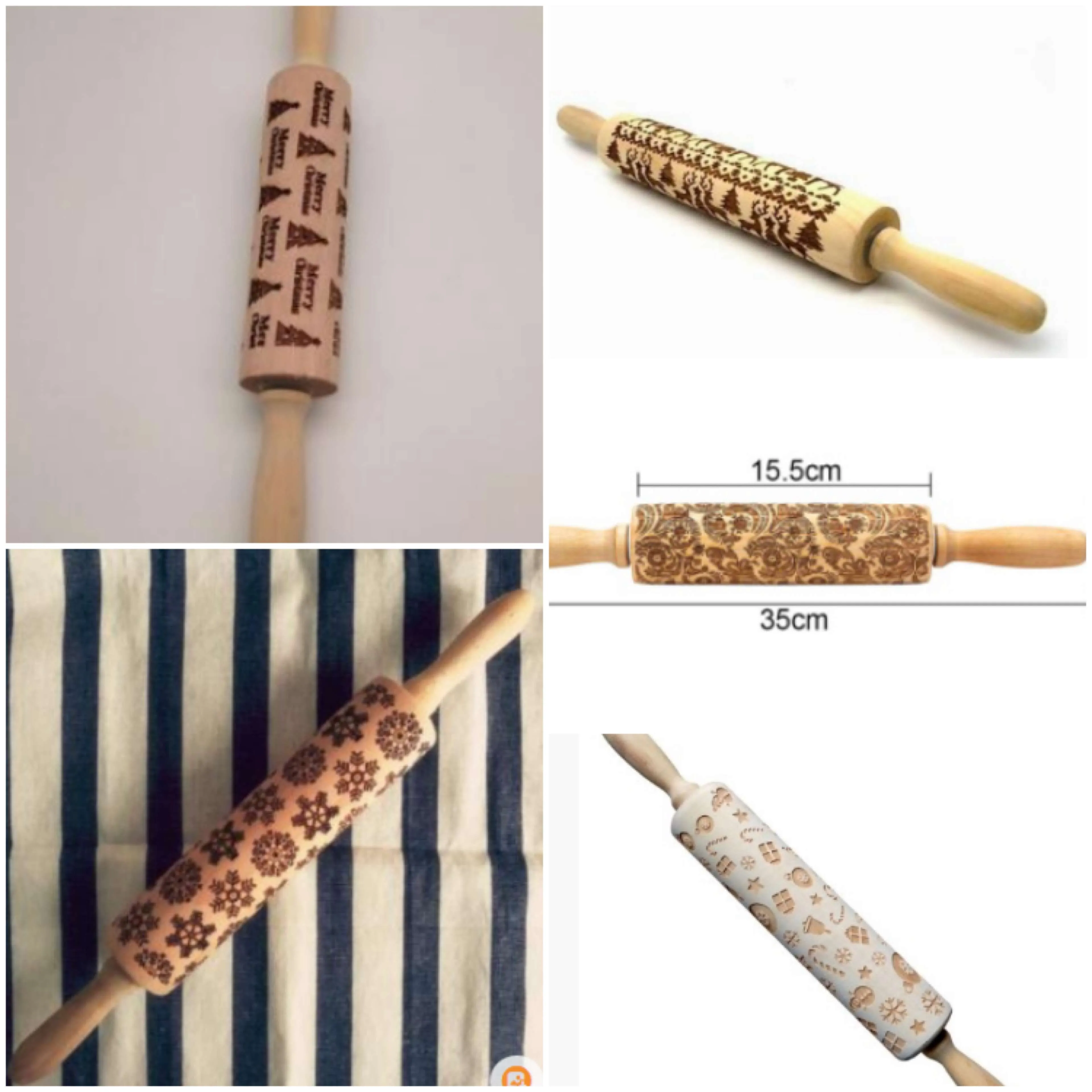 Wooden rolling pin with embossed Christmas patterns, 45cm long, on a kitchen worktop.