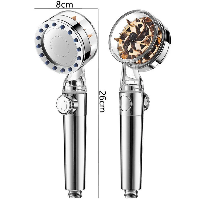 High pressure turbo shower head with ABS body, stainless steel panel, silicone nozzles, and one-key stop button