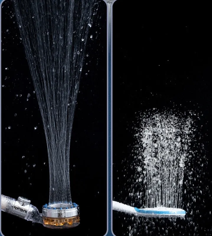High pressure turbo shower head with ABS body, stainless steel panel, silicone nozzles, and one-key stop button