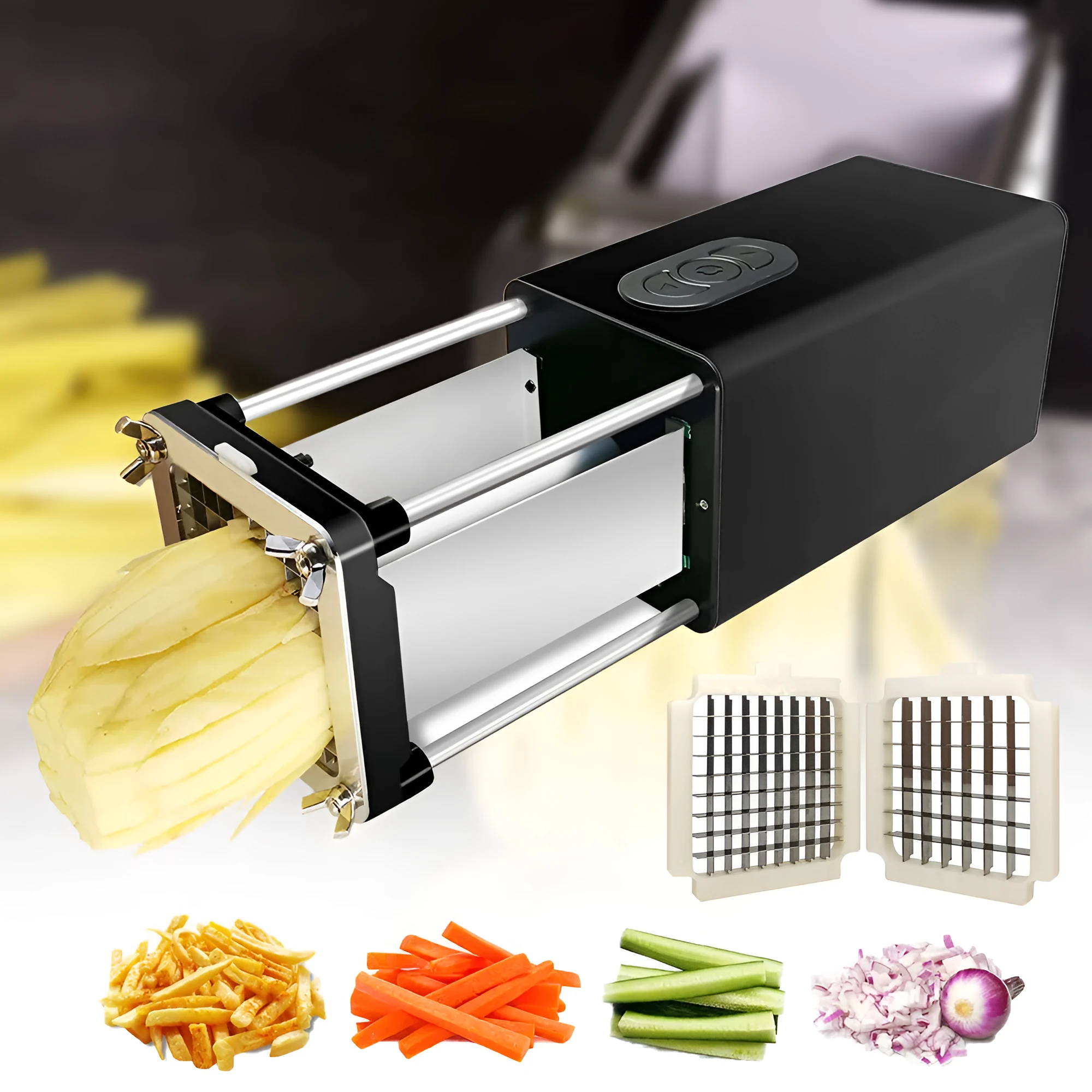 Black electric French fry cutter with stainless steel blades on a kitchen countertop.