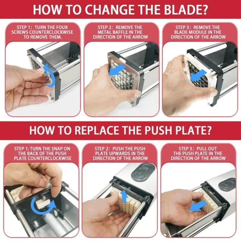 Black electric French fry cutter with stainless steel blades on a kitchen countertop.