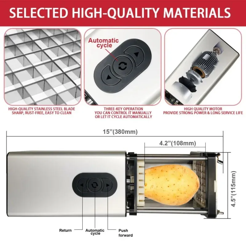 Black electric French fry cutter with stainless steel blades on a kitchen countertop.