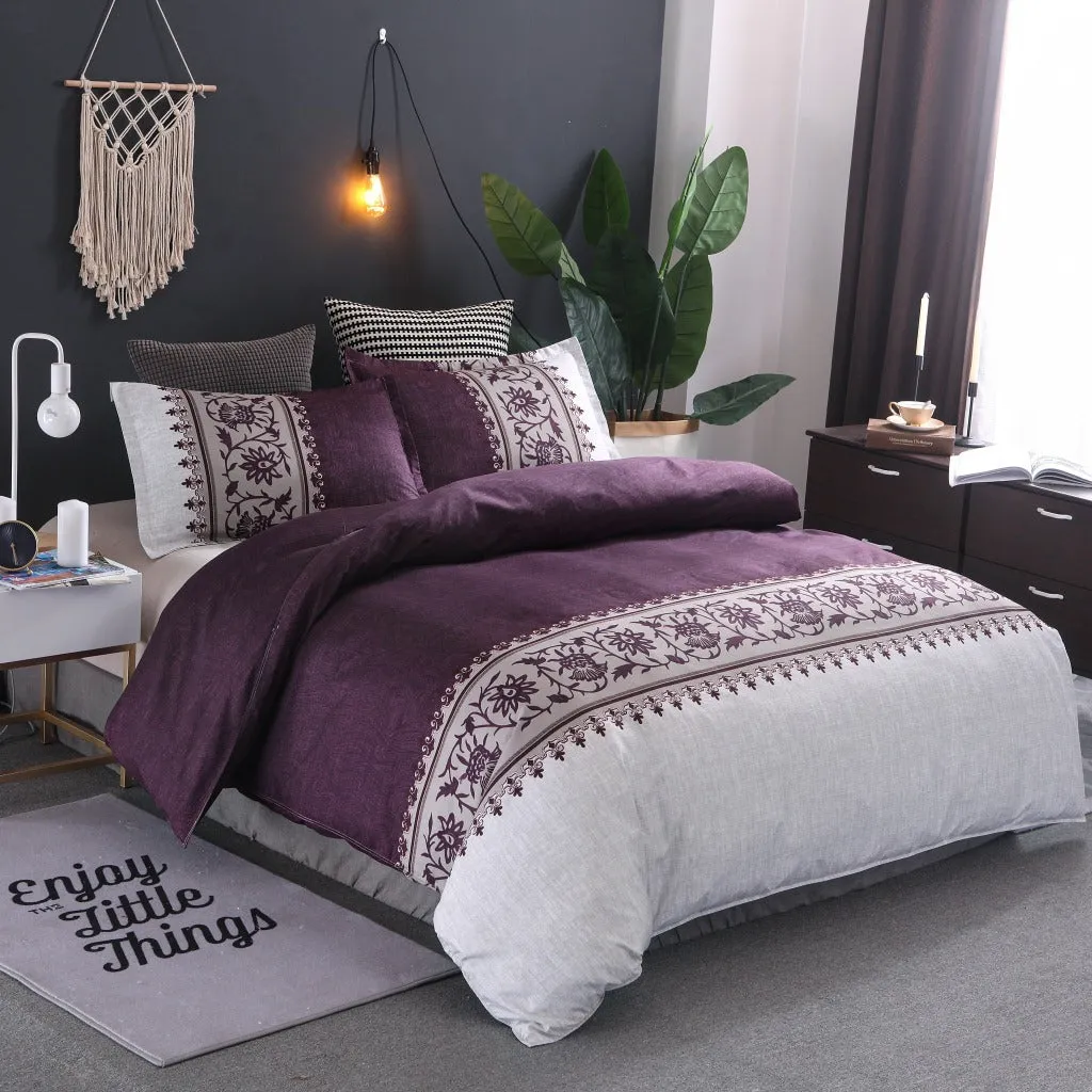 Plain weave polyester duvet cover set in solid colour or floral pattern on a bed