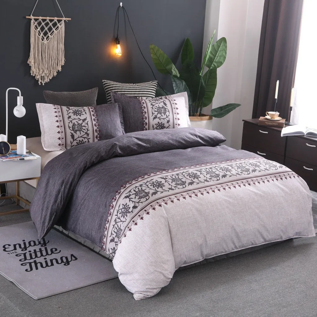 Plain weave polyester duvet cover set in solid colour or floral pattern on a bed