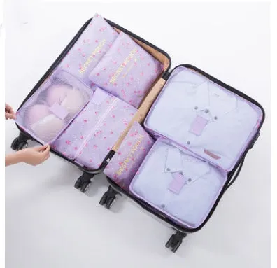 Set of six waterproof nylon packing cubes and organisers in assorted colours and sizes.