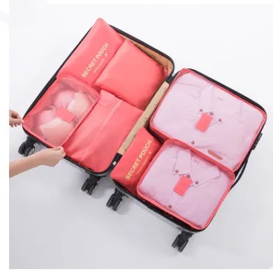 Set of six waterproof nylon packing cubes and organisers in assorted colours and sizes.