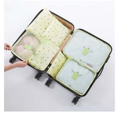 Set of six waterproof nylon packing cubes and organisers in assorted colours and sizes.