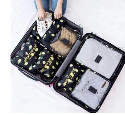 Set of six waterproof nylon packing cubes and organisers in assorted colours and sizes.