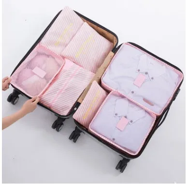 Set of six waterproof nylon packing cubes and organisers in assorted colours and sizes.