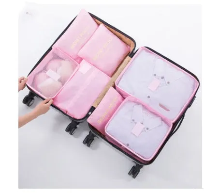 Set of six waterproof nylon packing cubes and organisers in assorted colours and sizes.