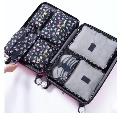 Set of six waterproof nylon packing cubes and organisers in assorted colours and sizes.