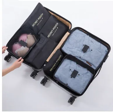 Set of six waterproof nylon packing cubes and organisers in assorted colours and sizes.