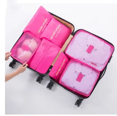 Set of six waterproof nylon packing cubes and organisers in assorted colours and sizes.