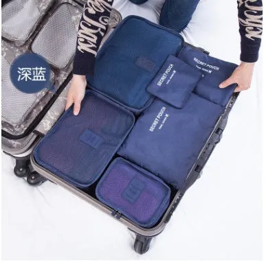 Set of six waterproof nylon packing cubes and organisers in assorted colours and sizes.