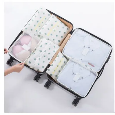 Set of six waterproof nylon packing cubes and organisers in assorted colours and sizes.