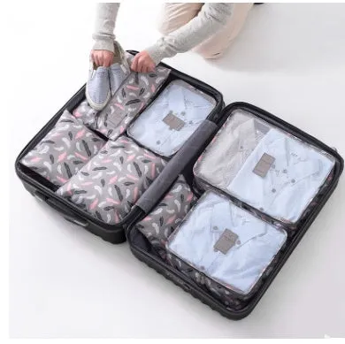 Set of six waterproof nylon packing cubes and organisers in assorted colours and sizes.