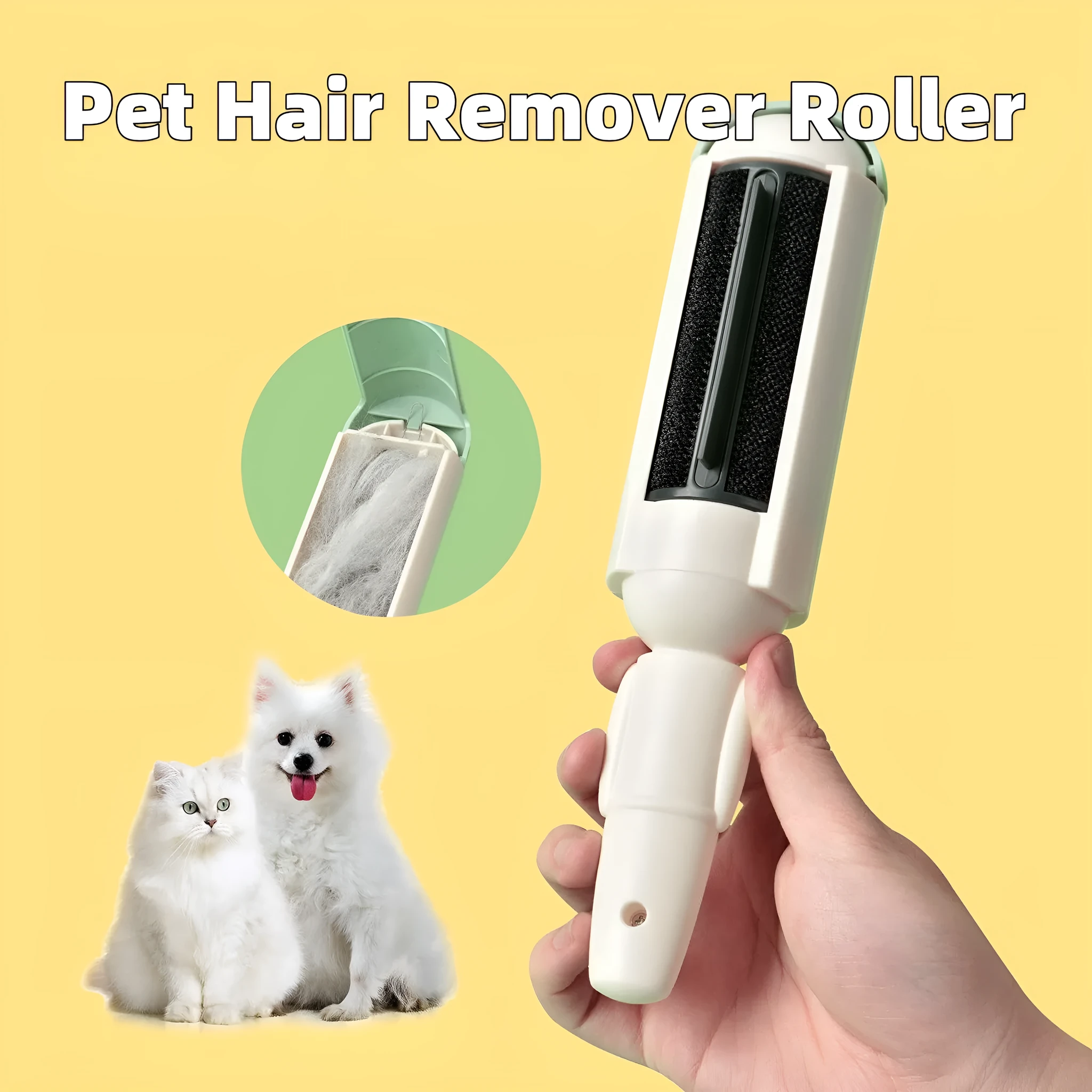 White green reusable pet hair remover roller with non-slip handle on a carpet.