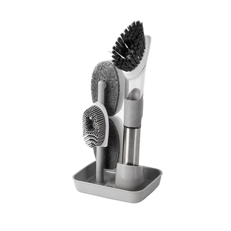Long handled kitchen cleaning brush with a soap dispenser button and a stainless steel scouring block.