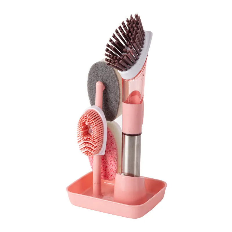 Long handled kitchen cleaning brush with a soap dispenser button and a stainless steel scouring block.