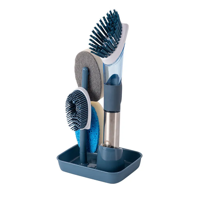 Long handled kitchen cleaning brush with a soap dispenser button and a stainless steel scouring block.